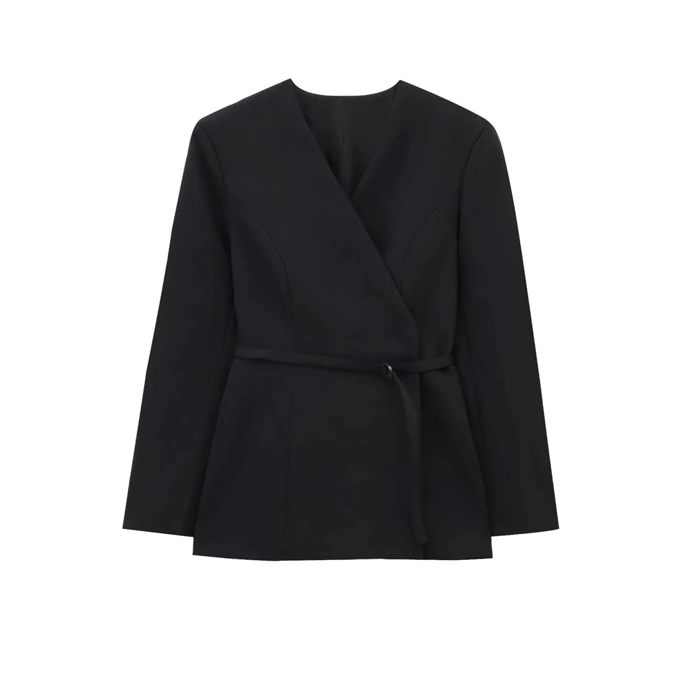 Minimalistischer Damen Blazer mit Gürtel – V-Ausschnitt