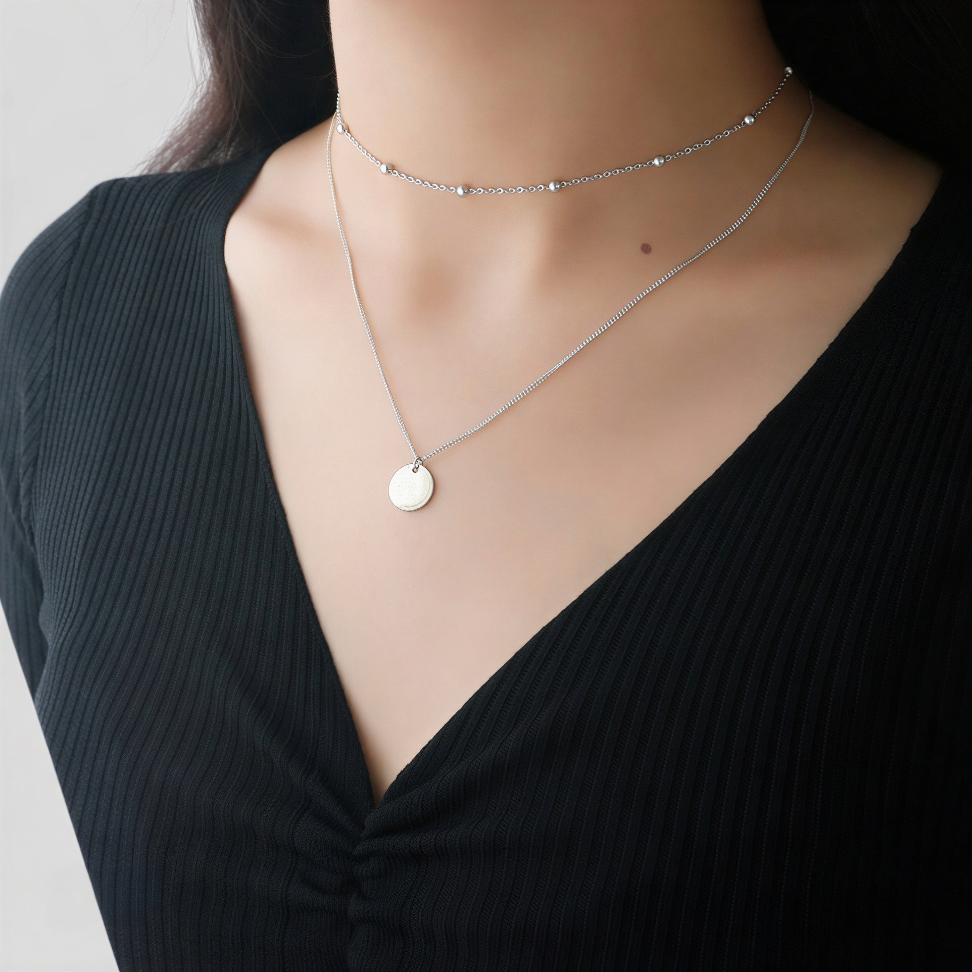 Elegante 925 Sterling Silber Doppel-Halskette mit Rundem Anhänger – Vergoldet oder platinbeschichtet, Verstellbar, Zeitloser Damen Schmuck