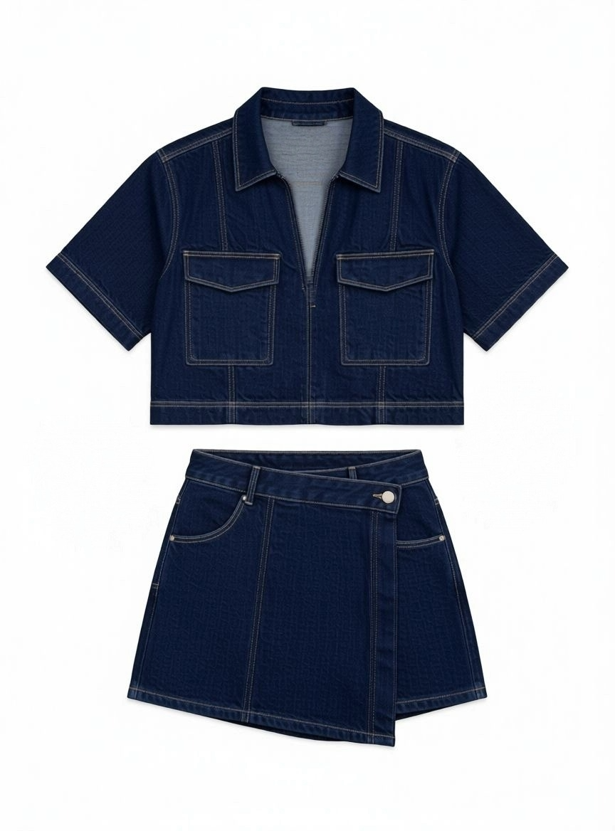 Modernes Damen Denim-Set mit Cropped Top und Shorts