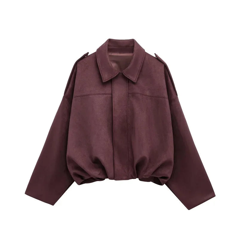 Oversized Damen-Bomberjacke in Veloursleder-Optik – wattierte Jacke mit Reißverschluss