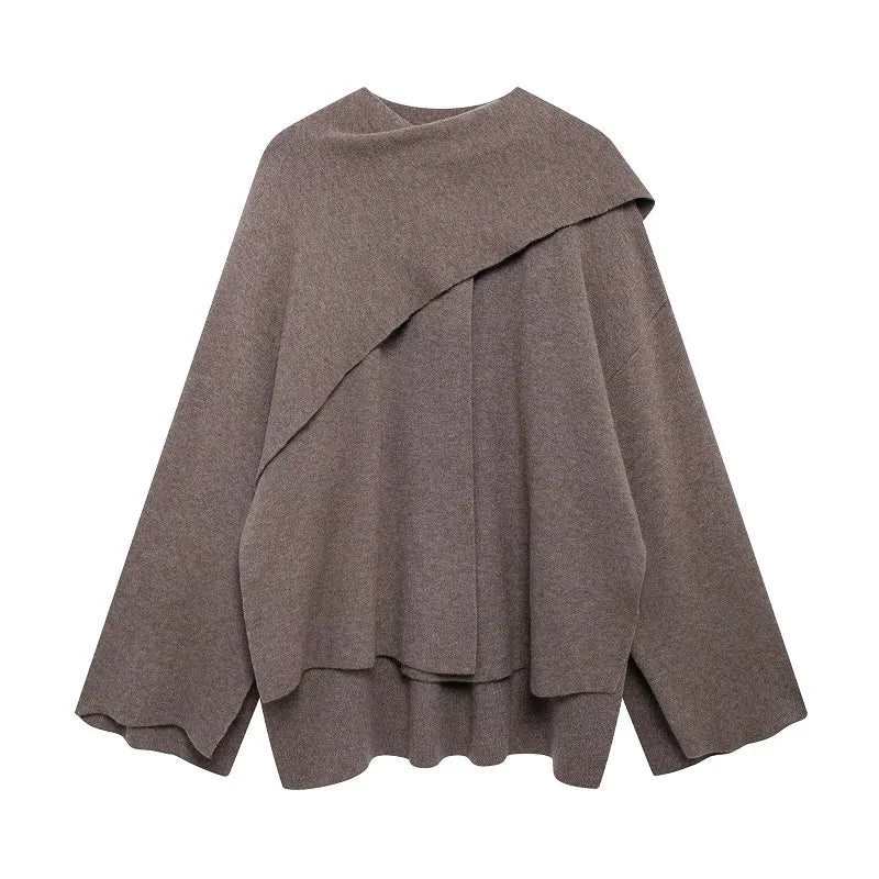 Eleganter Damen Cape Mantel – Strick Poncho mit Schal-Kragen