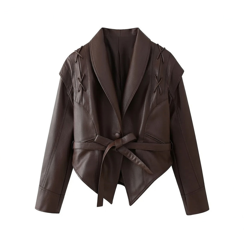 Elegante Damen Kunstlederjacke mit Gürtel und Reverskragen