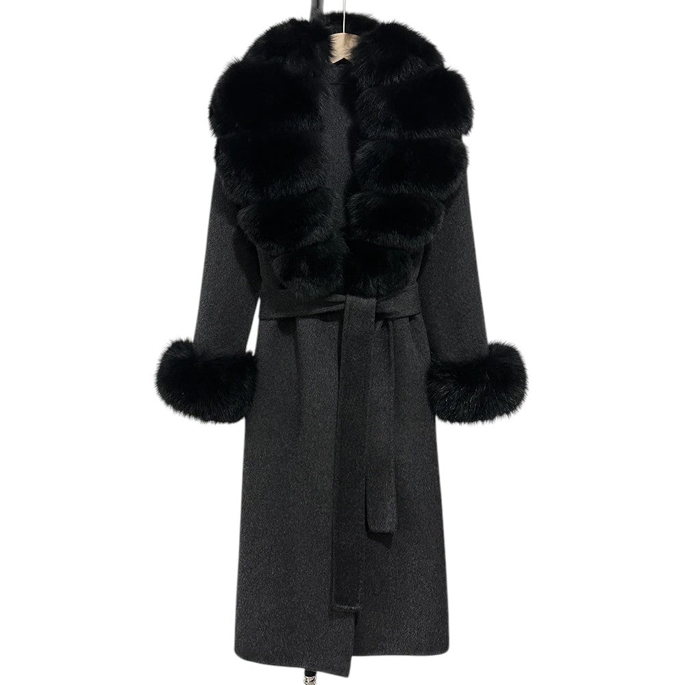 Eleganter Wollmantel mit Echtpelzkragen – Damen Wintermantel aus Wollmischung