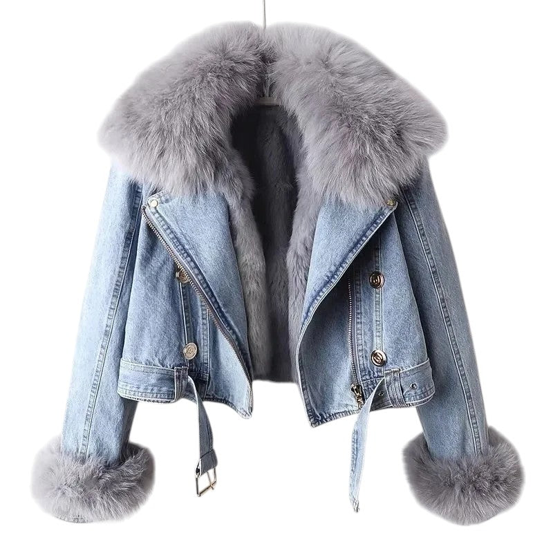 Gefütterte Damen Jeansjacke – Winterjacke mit Abnehmbarem Kunstfell-Innenfutter