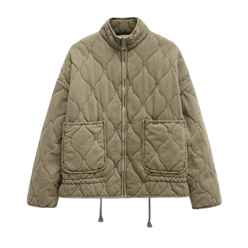 Vintage Damen Baumwolljacke – Gesteppt mit hohem Kragen und großen Taschen