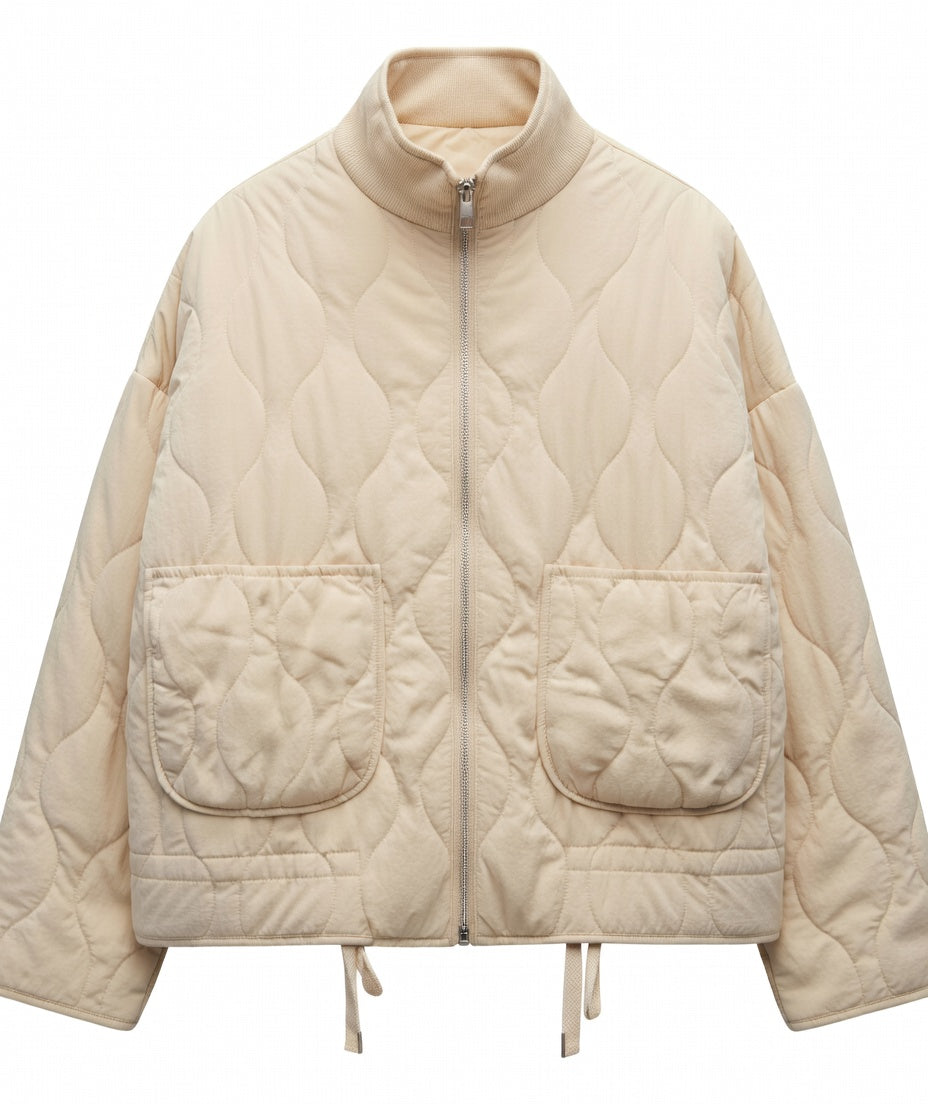 Vintage Damen Baumwolljacke – Gesteppt mit hohem Kragen und großen Taschen