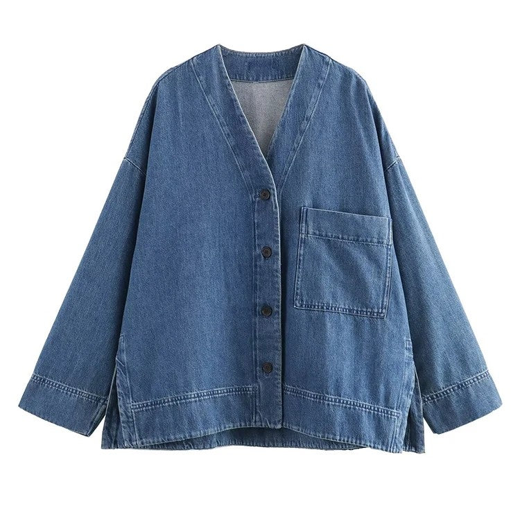 Damen Langarm Jeansbluse – Blaue Hemdbluse mit Kragen und Brusttasche