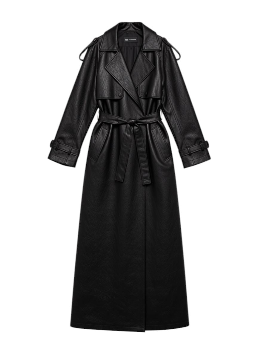 Eleganter Extra-Langer Damen Trenchcoat in Lederoptik