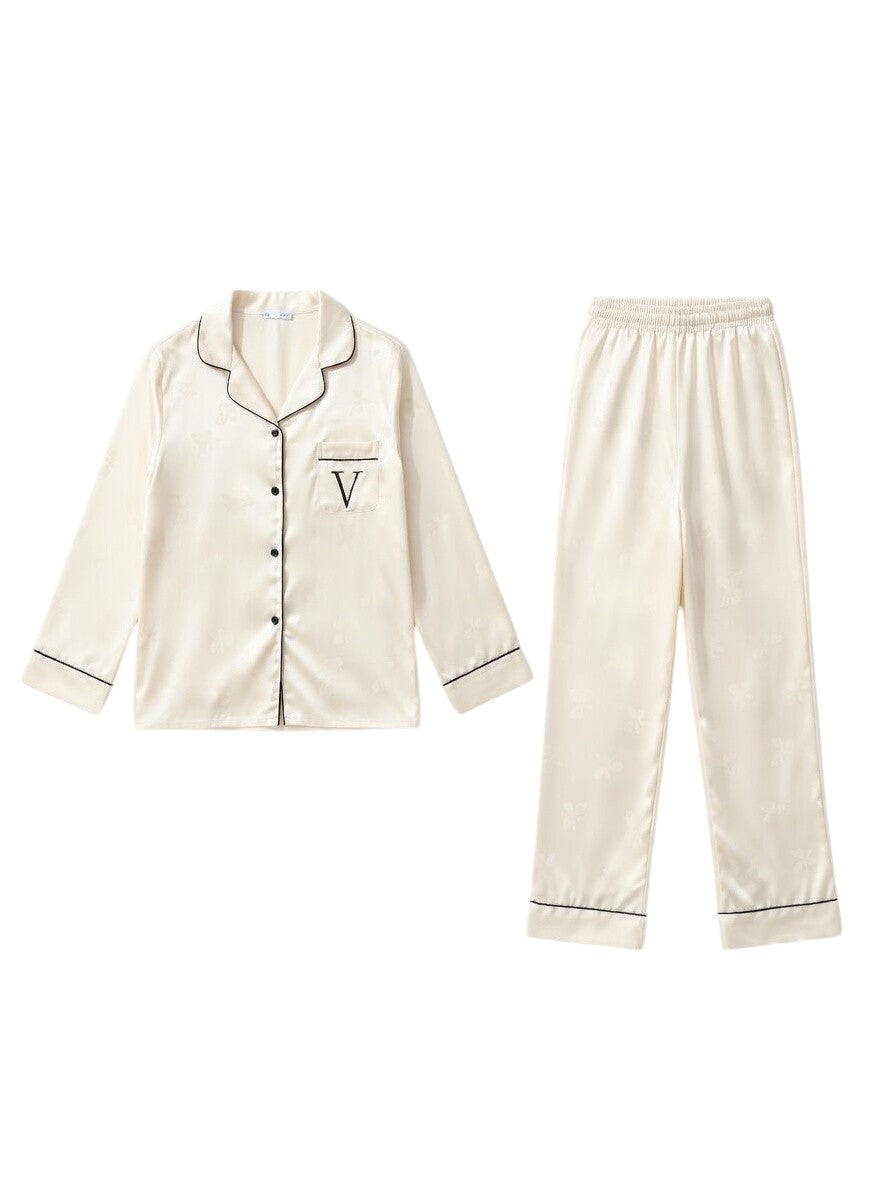 Damen Pyjama Set aus Ice-Silk – Langarm Oberteil & Lange Hose, Weiche Loungewear
