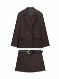 Elegantes Damen Zweiteiler Set in Schokobraun – Blazer mit V-Ausschnitt, Doppelknopf & Mini Rock/Shorts