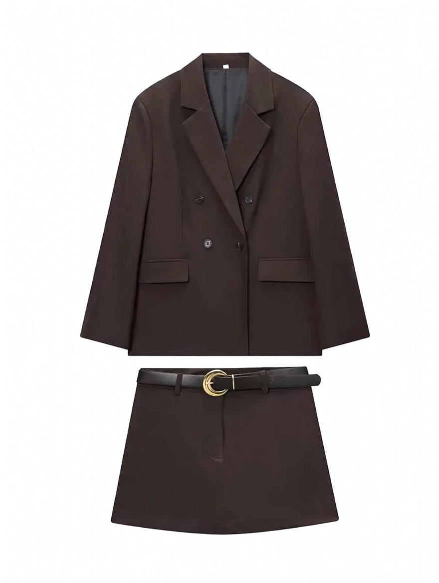 Elegantes Damen Zweiteiler Set in Schokobraun – Blazer mit V-Ausschnitt, Doppelknopf & Mini Rock/Shorts