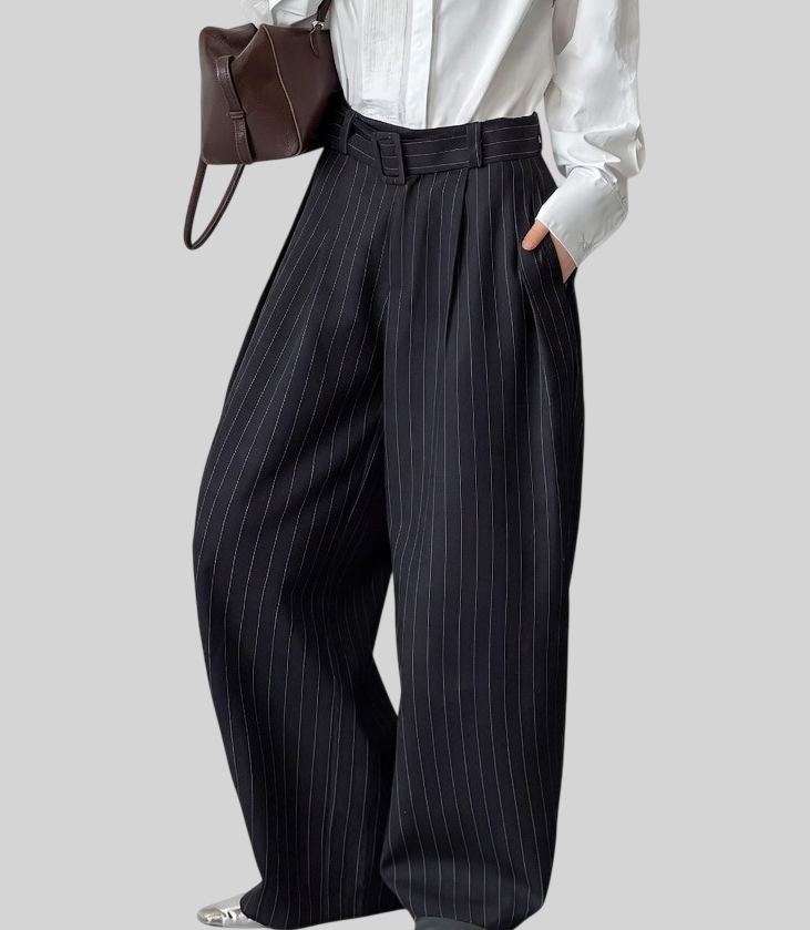 Schwarze Damen Streifenhose – Plissee High-Waist mit Wide Leg