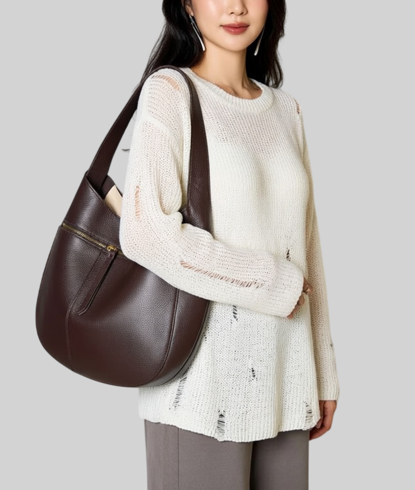 Damen Schultertasche aus Echtleder – Große Halbmond Tasche, Elegant & Geräumig – Perfekt für Alltag & Büro