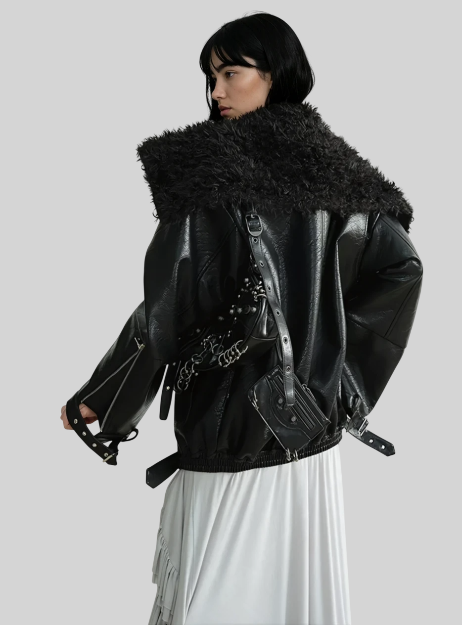 Elegante Damenjacke aus Kunstleder mit Lammfell – Warmer Wintermantel