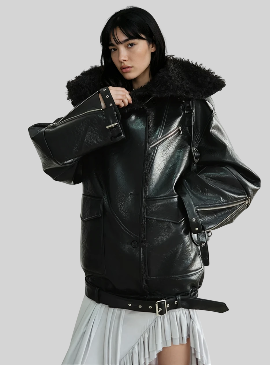 Elegante Damenjacke aus Kunstleder mit Lammfell – Warmer Wintermantel
