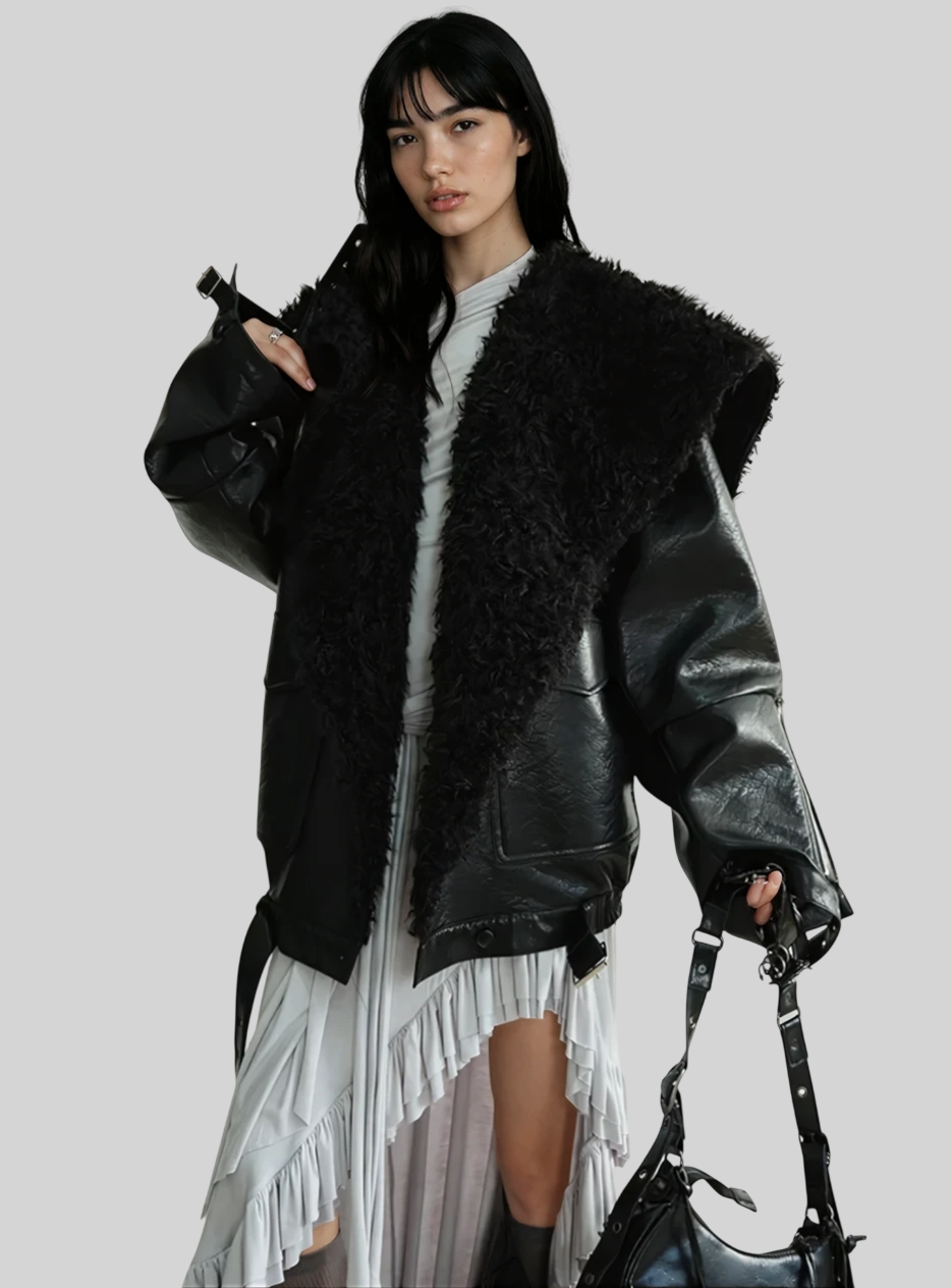 Elegante Damenjacke aus Kunstleder mit Lammfell – Warmer Wintermantel