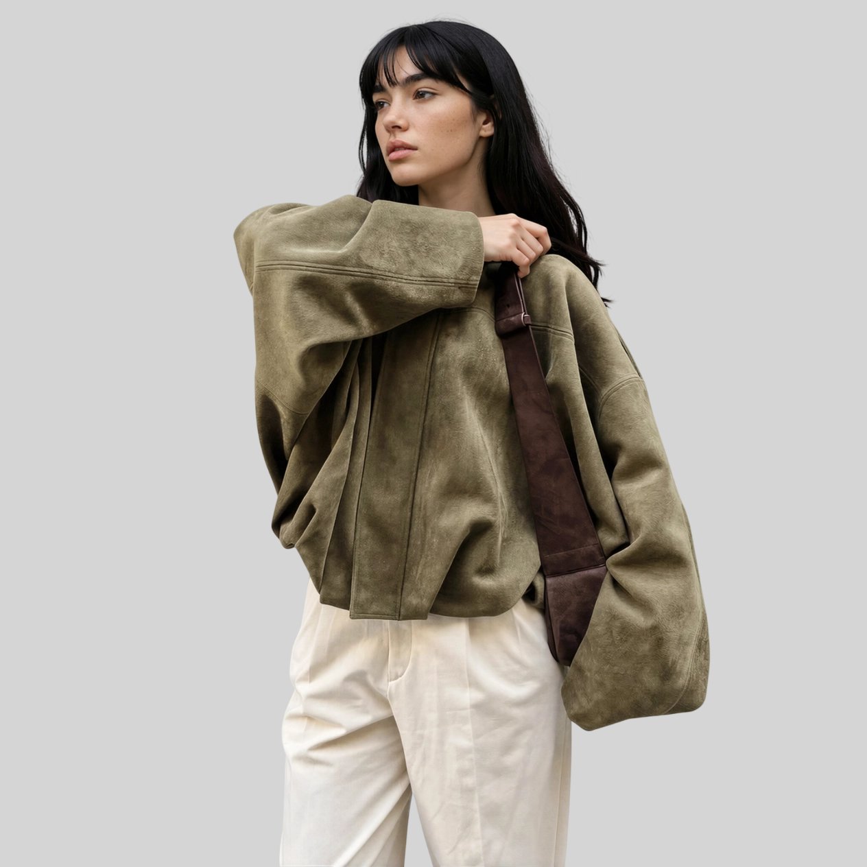 Oversized Damen-Bomberjacke in Veloursleder-Optik – wattierte Jacke mit Reißverschluss