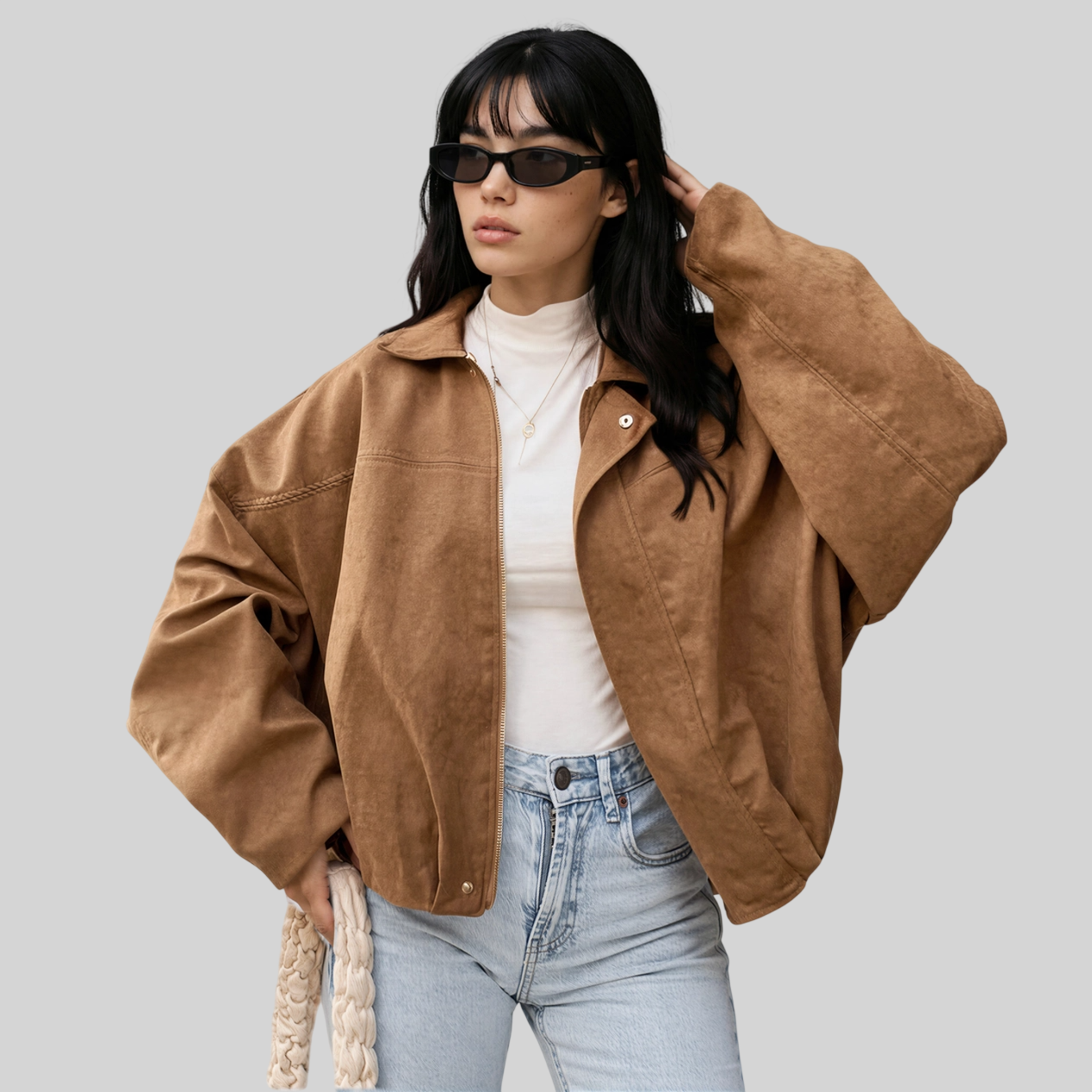 Oversized Damen-Bomberjacke in Veloursleder-Optik – wattierte Jacke mit Reißverschluss