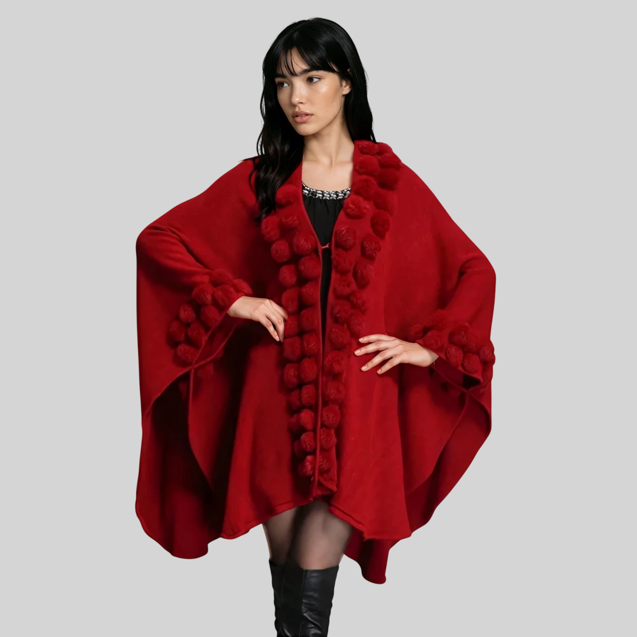 Zeitloses Damen Cape mit Kunstfell – Eleganter Strick Poncho